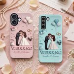Coque de téléphone personnalisée sur le thème du mariage avec personnage de dessin animé, pour iPhone et Samsung, avec prénom – Cadeau d'anniversaire de mariage ou de fiançailles pour un couple