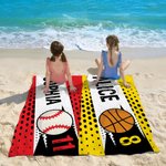 Serviette de plage personnalisée multicolore, format oversize, pour le football et le basket-ball, à séchage rapide, avec nom et numéro – Idéale pour l'été, les fêtes sur la plage et comme cadeau d'an