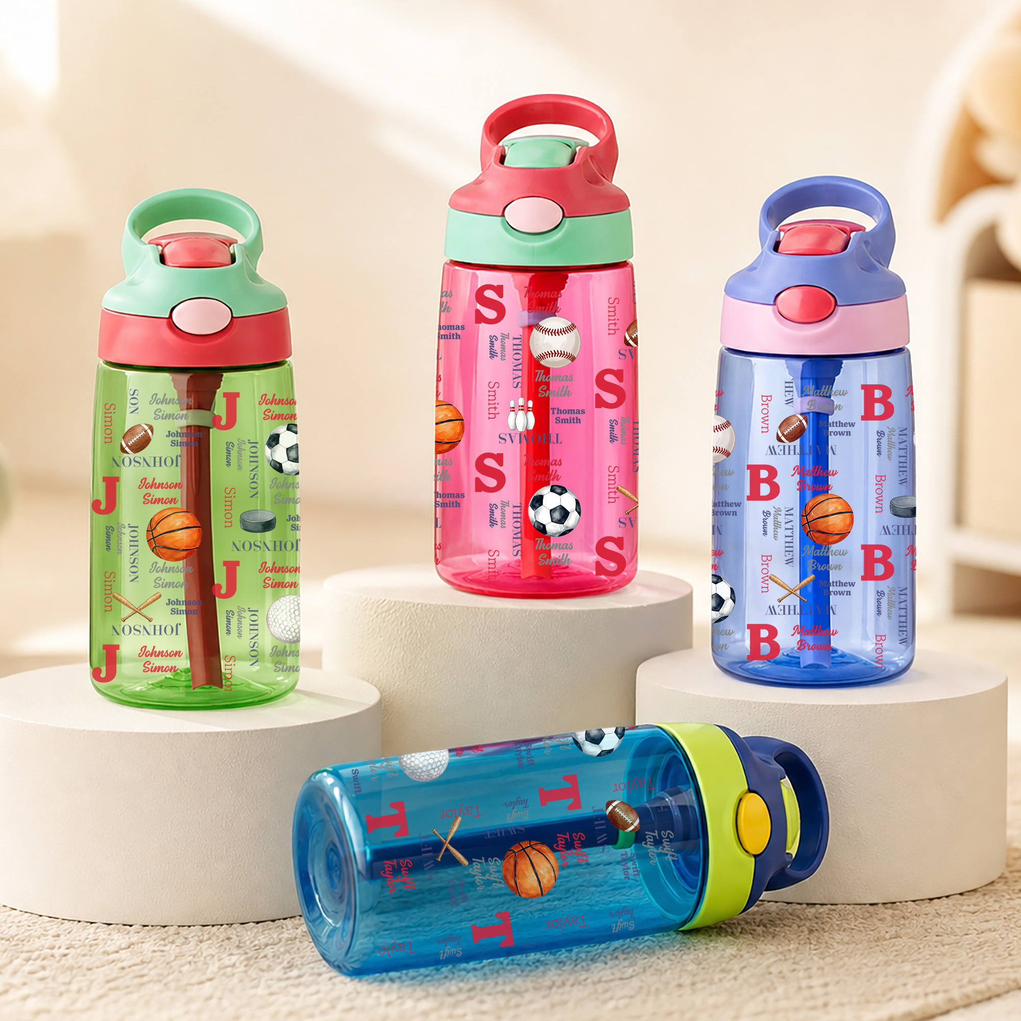 Personalisierte 16-oz-Kinder-Trinkflasche mit Ballsport-Motiv, Namensinitial und Silikon-Trinkhalm – das perfekte Geschenk für den Schulanfang oder zum Geburtstag für Schüler
