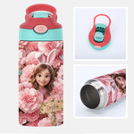 Bottiglia d'acqua personalizzata da 12 oz con foto, fiore del mese di nascita multicolore e personaggio dei cartoni animati, con cannuccia e nome: regalo per il ritorno a scuola o per il compleanno, p