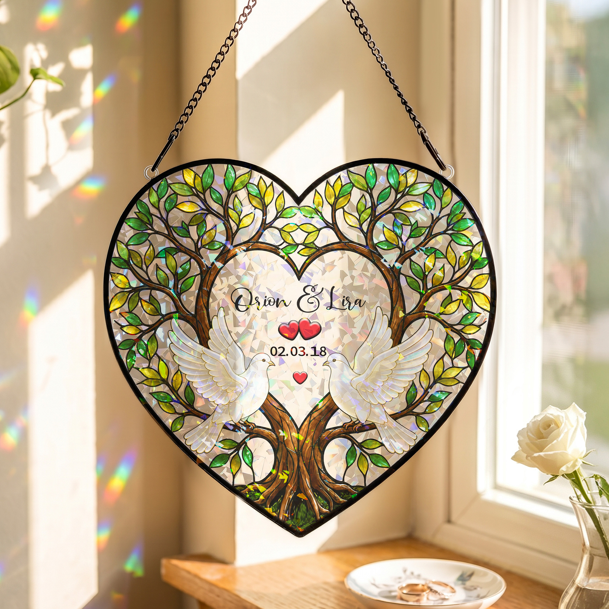 Personalisierte, glitzernde, transparente Acryl-Weihnachtskugel in Form eines Liebesvogel-Herzbaums mit den Namen des Paares und dem Datum – Wohnaccessoire, Geschenk zum Jahrestag oder Geburtstag für