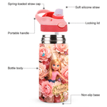 Bottiglia d'acqua personalizzata da 12 oz con foto, fiore del mese di nascita multicolore e personaggio dei cartoni animati, con cannuccia e nome: regalo per il ritorno a scuola o per il compleanno, p