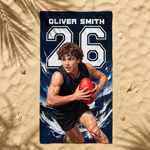 Personalised Multicolour Geometric Style Photo Quick Dry Beach Towel with Name and Number Team Birthday Gift for AFL Lovers