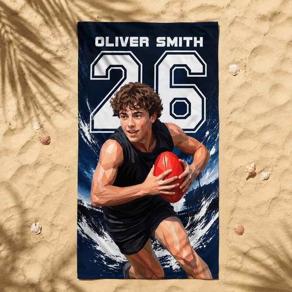 Personalised Multicolour Geometric Style Photo Quick Dry Beach Towel with Name and Number Team Birthday Gift for AFL Lovers