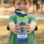 Personalisierte, mehrfarbige, niedliche Trinkflasche mit Cartoon-Figur und Namen, 12 oz, isoliert, mit Strohhalm und auslaufsicherem Deckel – Geschenk zum Schulanfang für Kinder