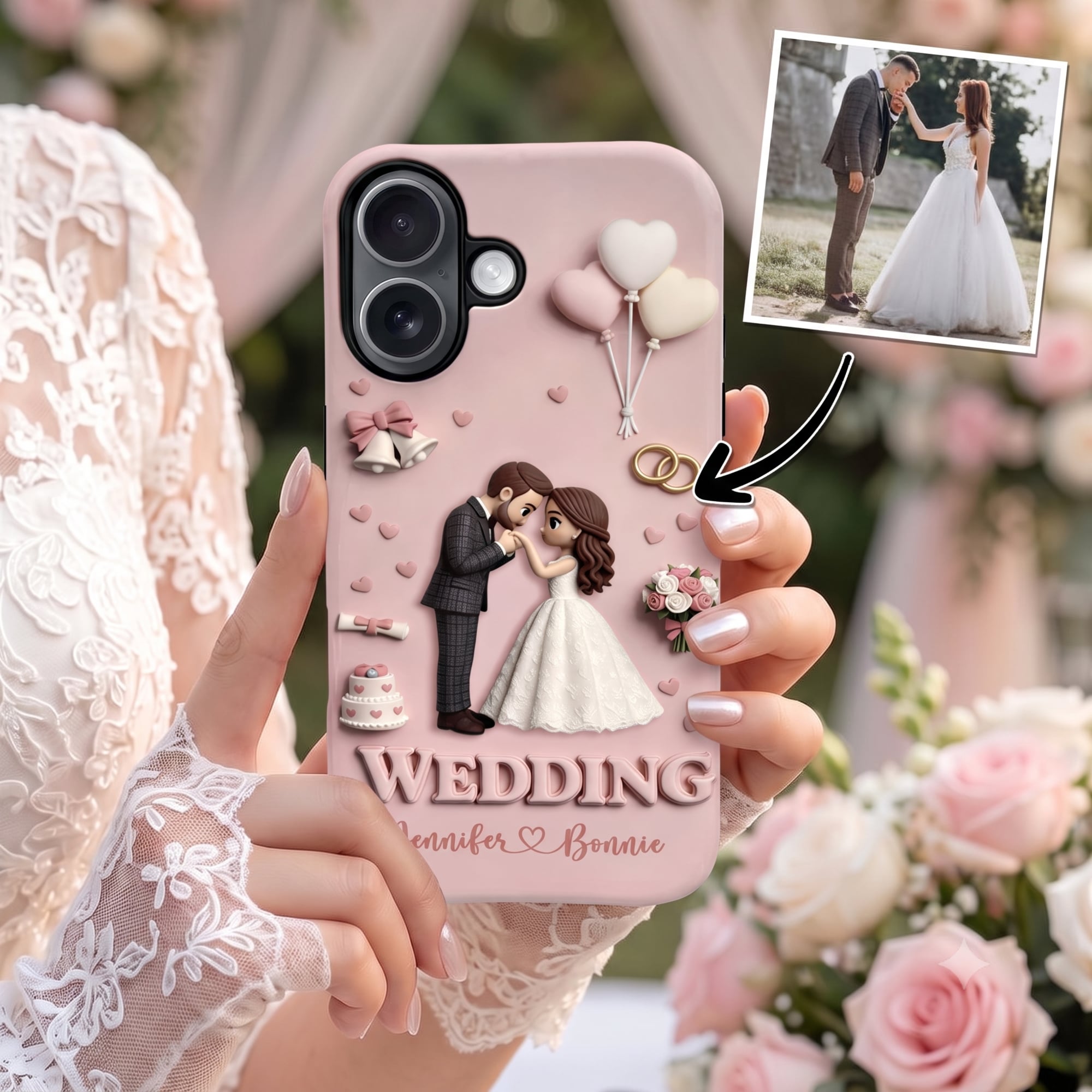 Individuell gestaltete Handyhülle mit Cartoon-Figur zum Thema Hochzeit für iPhone und Samsung – mit Namen – Geschenk zum Hochzeitstag oder zur Verlobung für Paare