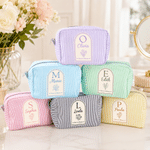 Personalised Multicolour Birth Flower Stripe Makeup Bag with Name and Initial Daily Travel Wedding Party Birthday Gift for Woman Bridesmaid Friend