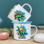 Personalised Ink Splatter Cartoon Dinosaur Multicolour 12 oz Enamel Mug with Name Birthday Christmas Gift for Kids Dinosaur Lovers