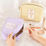 Personalised Multicolour Birth Flower Stripe Makeup Bag with Name and Initial Daily Travel Wedding Party Birthday Gift for Woman Bridesmaid Friend