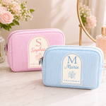 Personalised Multicolour Birth Flower Stripe Makeup Bag with Name and Initial Daily Travel Wedding Party Birthday Gift for Woman Bridesmaid Friend