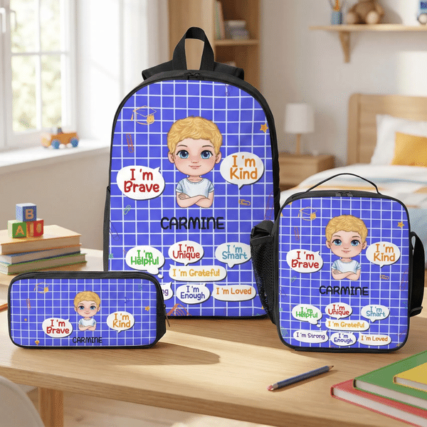 Personalised Cartoon Character I'm Kind I'm Brave Backpack Lunch Bag Pencil Case Set with Name Daily Use Back to School Gift for Kids