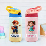 Personalisierte, mehrfarbige, niedliche Trinkflasche mit Cartoon-Figur und Namen, 12 oz, isoliert, mit Strohhalm und auslaufsicherem Deckel – Geschenk zum Schulanfang für Kinder