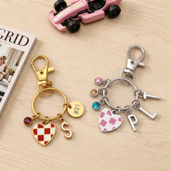 Personalized Birthstone Heart Shaped Grid Flag Racing Keychain with Initial Car Race Birthday Gift for Women Racers Racing Lovers