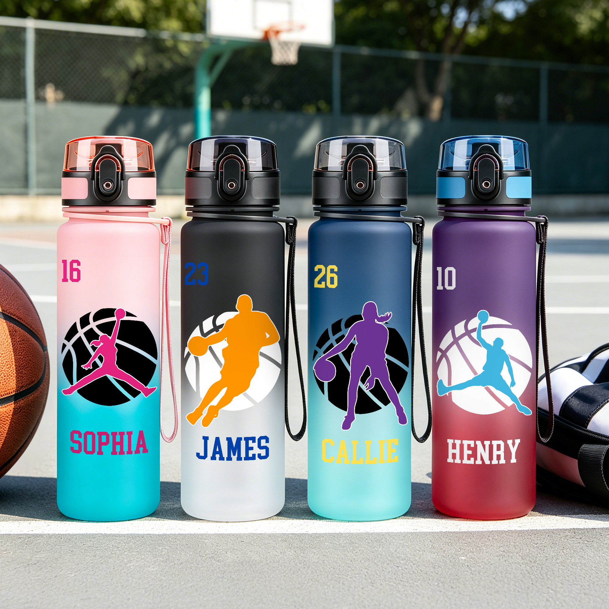 Personalisierte, farbenfrohe Trinkflasche mit der Silhouette eines Basketballspielers und Namensaufdruck – ideal für das tägliche Training, den Schulanfang oder als Geburtstagsgeschenk für jugendliche