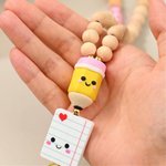 Personalised Teacher Lanyard Custom Name Title Cute Handmade Clay Pencil Wooden Beaded Badge Holder Back to School Appreciation Gift for Women