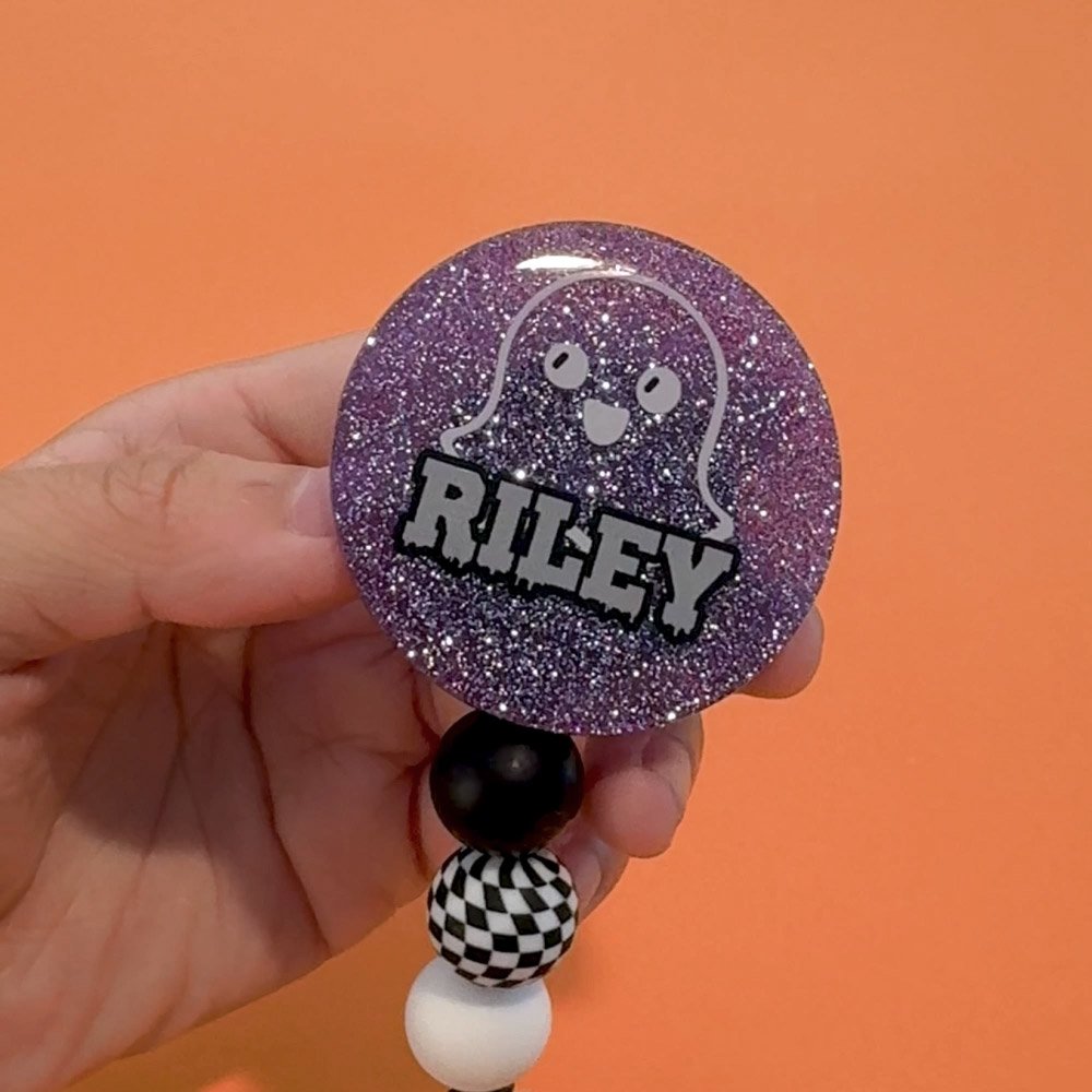 Personalised Ghost Pumpkin Spider  Glitter Acrylic Badge Reel with Name Halloween Gift for Doctor Teacher 4