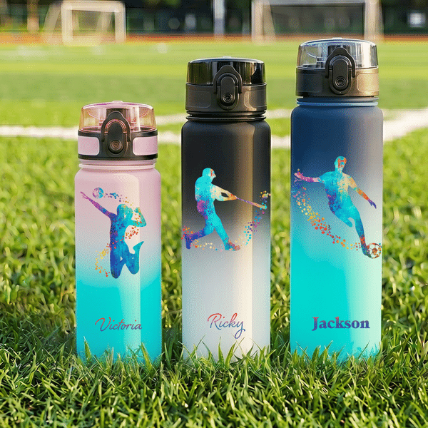 Personalised Multicolour Baseball Soccer Pose Silhouette Water Bottle with Name Birthday Back to School Gift for Kid Player Sport Lover