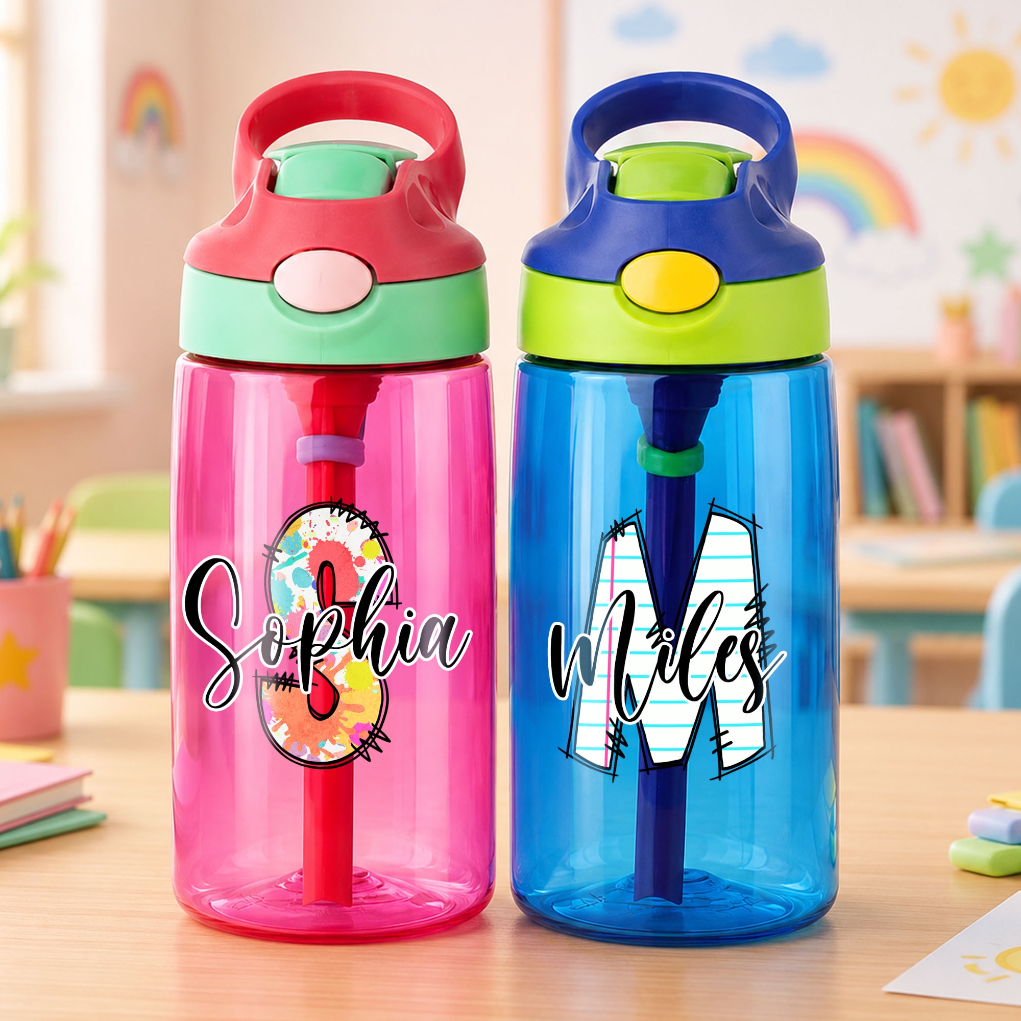 Personalisierte, mehrfarbige 16-oz-Trinkflasche mit Initialen, Namen und Trinkhalm – für den täglichen Gebrauch, als Geburtstags- oder Schulanfangsgeschenk für Jungen und Mädchen