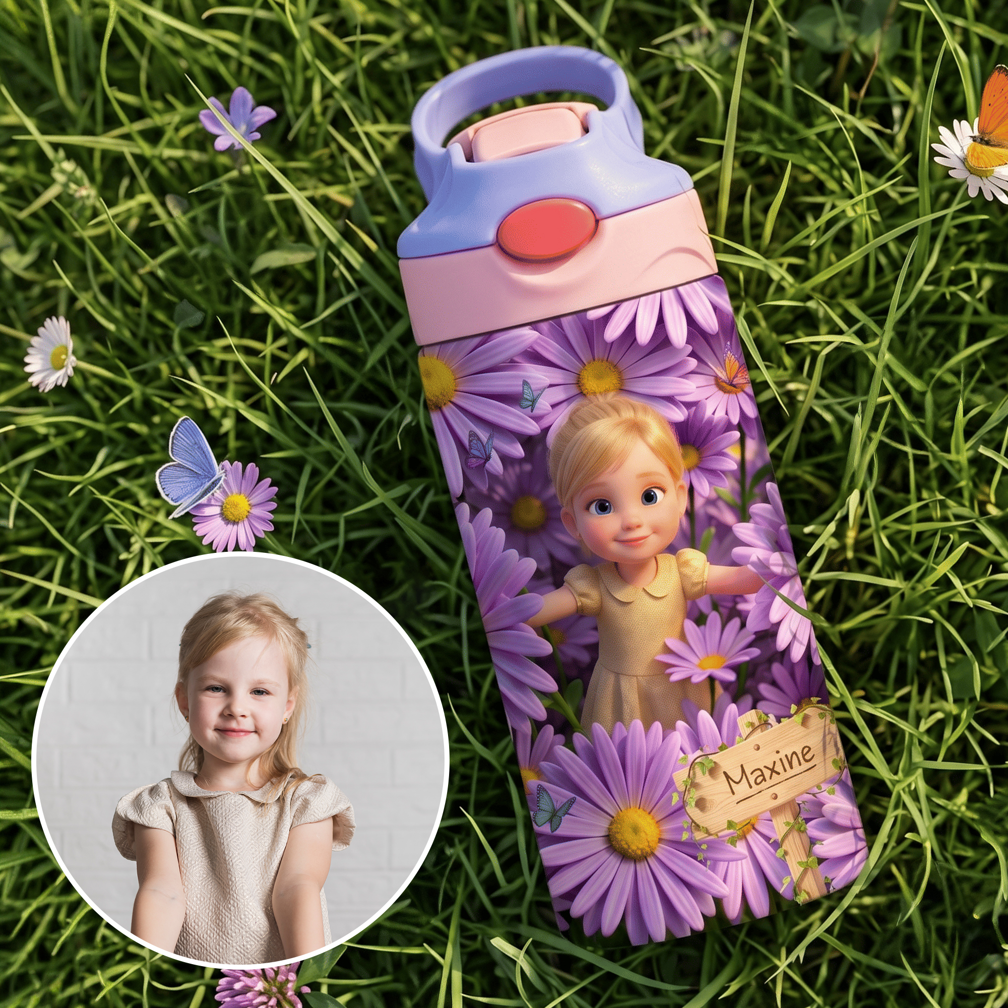Personalisierte, mehrfarbige 12-oz-Wasserflasche mit Cartoon-Figur, Geburtsblume und Foto, inklusive Strohhalm und Namensaufdruck – Geschenk zum Schulanfang oder Geburtstag für Mädchen und Jungen