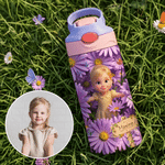 Bottiglia d'acqua personalizzata da 12 oz con foto, fiore del mese di nascita multicolore e personaggio dei cartoni animati, con cannuccia e nome: regalo per il ritorno a scuola o per il compleanno, p