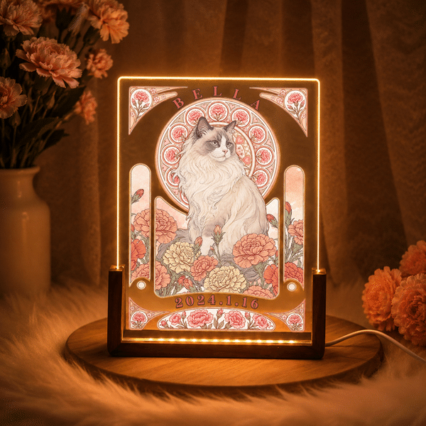 Veilleuse LED en acrylique personnalisée avec photo de votre animal de compagnie, fleur de naissance, nom et date — Décoration d'intérieur, cadeau d'anniversaire ou de condoléances pour les amoureux d