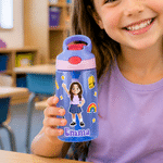 Personalised Cute Cartoon Character 16 oz Water Bottle with Straw and Name Outdoor Activities Back to School Birthday Gift for Boy Girl Student