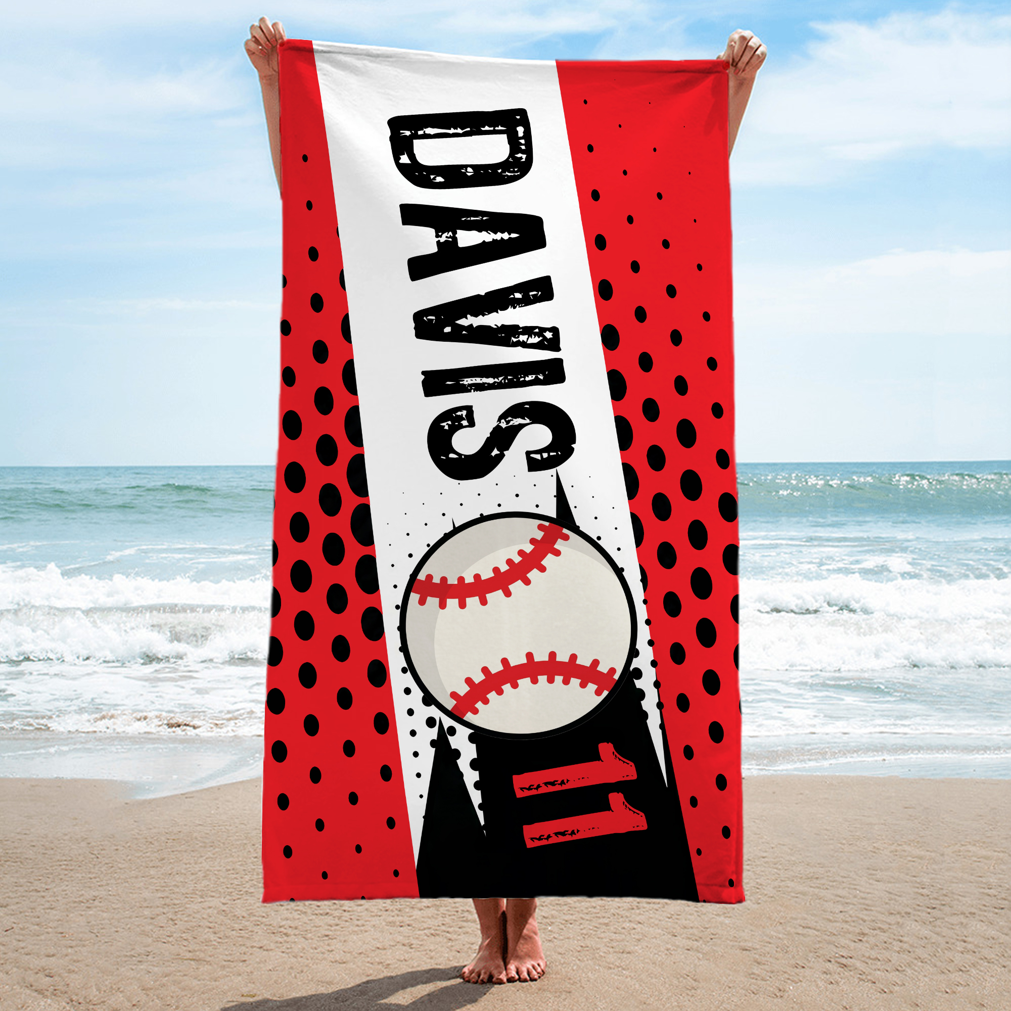 Personalisiertes, mehrfarbiges, übergroßes, schnell trocknendes Fußball- und Basketball-Strandtuch mit Namen und Nummer – ideal für den Sommer, Strandpartys und als Geburtstagsgeschenk für Sportbegeis