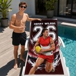 Personalised Multicolour Geometric Style Photo Quick Dry Beach Towel with Name and Number Team Birthday Gift for AFL Lovers
