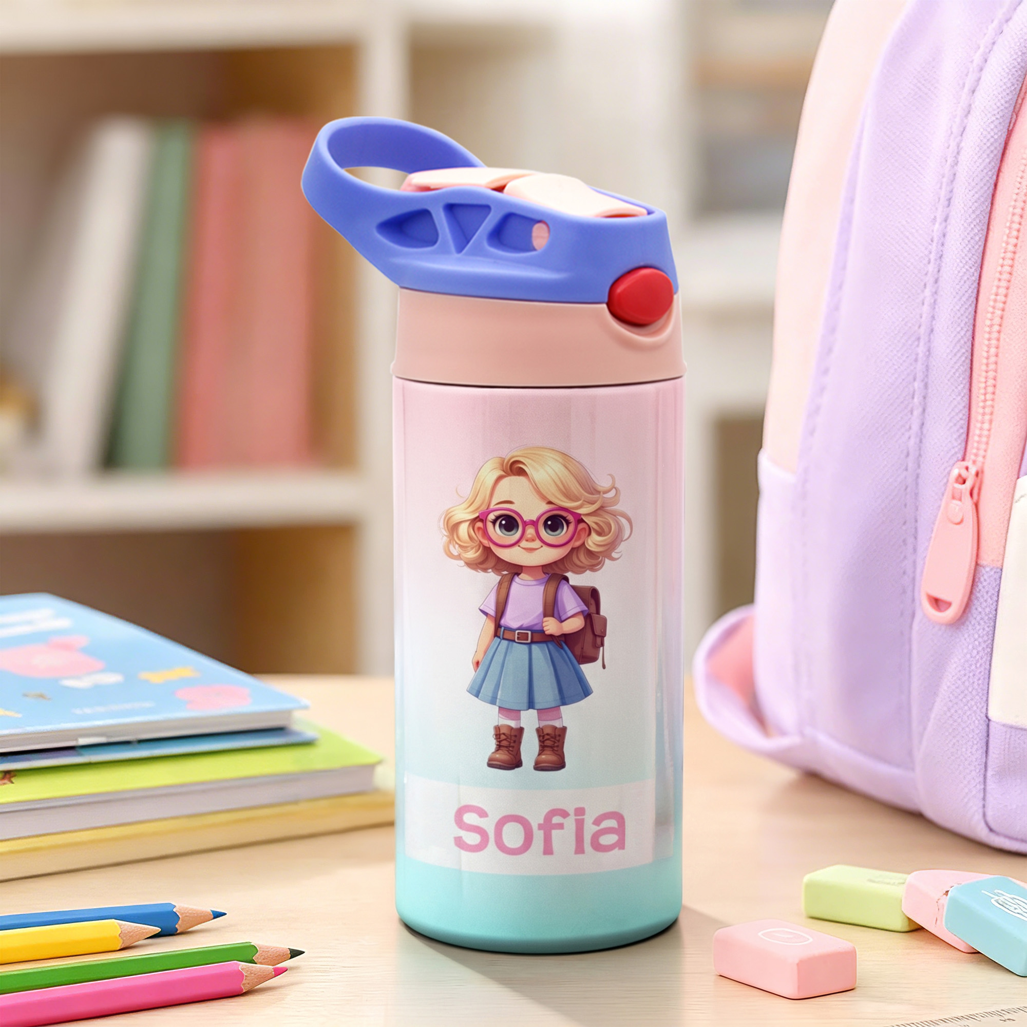 Personalisierte, mehrfarbige, niedliche Trinkflasche mit Cartoon-Figur und Namen, 12 oz, isoliert, mit Strohhalm und auslaufsicherem Deckel – Geschenk zum Schulanfang für Kinder