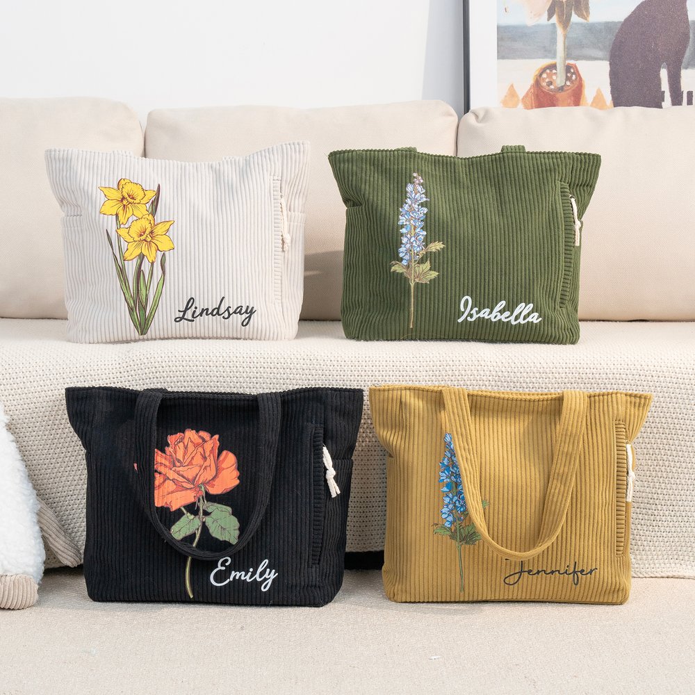 Personalised Birth Flower Corduroy Large Capacity Tote Bag with Name Daily Use Birthday Gift for Women 4