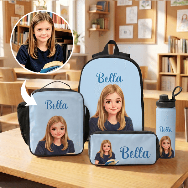 Personalized Colorful Fashion Cartoon Character Backpack Lunch Bag Pencil Case Water Bottle with Name Back to School Set of 4 Birthday Gift for Kid