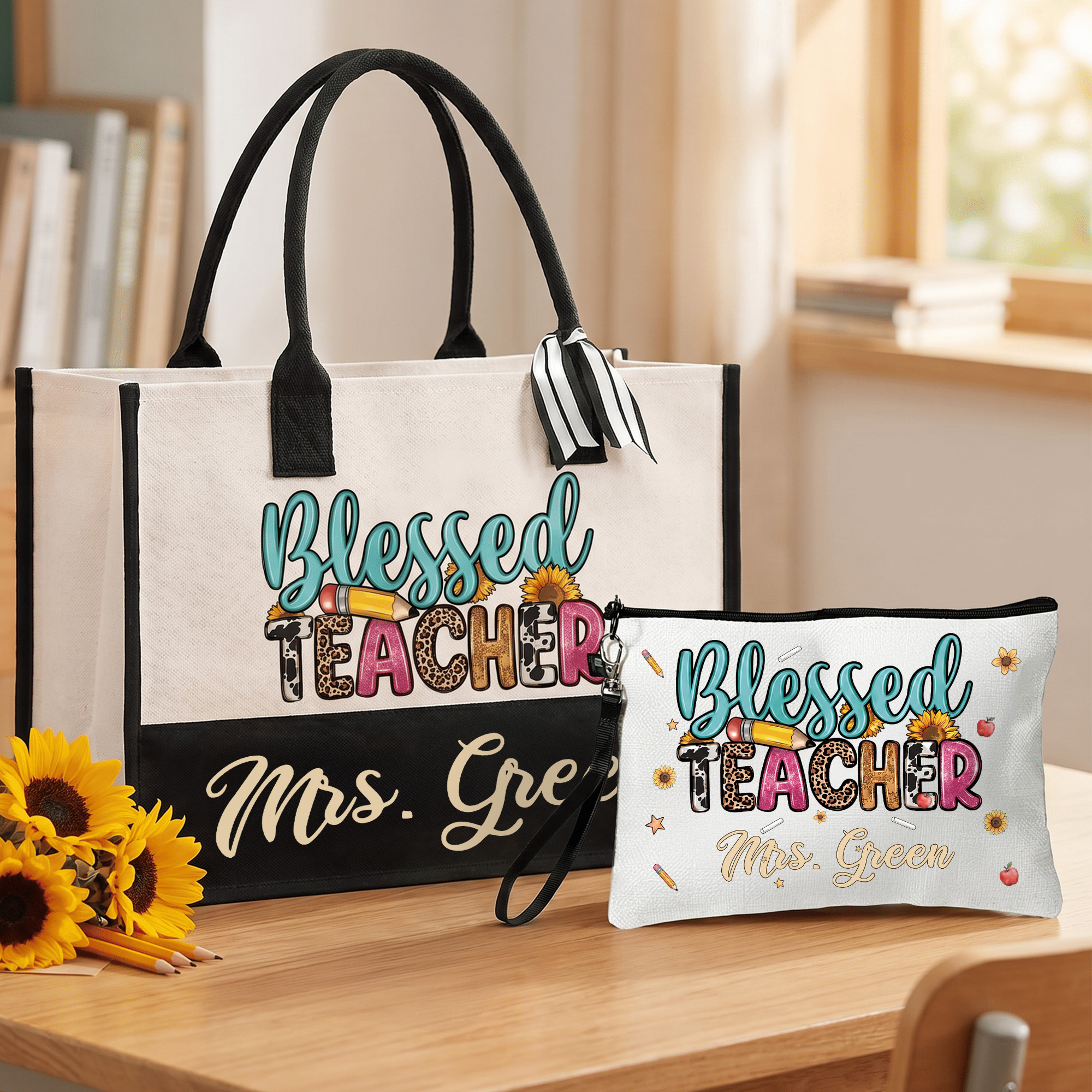 Personalisierte „Blessed Teacher“-Stift-Sonnenblume – große Tragetasche, tragbare Kosmetiktasche mit Schriftzug – Geburtstags- und Lehrertagsgeschenk für Lehrerinnen