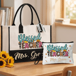 Borsa tote grande personalizzata con disegno di girasole e scritta “Blessed Teacher”, trousse da viaggio con testo, regalo di compleanno o per la Festa degli Insegnanti per insegnanti donne