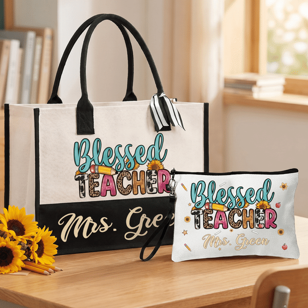 Personalised Blessed Teacher Pencil Sunflower Large Tote Bag Portable Makeup Bag with Text Birthday Teacher's Day Gift for Women Teachers