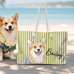 Personalised Watercolour Pet Photo Stripe Beach Tote Bag with Name Beach Holiday Swimming Pool Party Birthday Gift for Pet Owner Lover