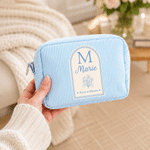 Personalised Multicolour Birth Flower Stripe Makeup Bag with Name and Initial Daily Travel Wedding Party Birthday Gift for Woman Bridesmaid Friend