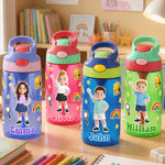 Personalised Cute Cartoon Character 16 oz Water Bottle with Straw and Name Outdoor Activities Back to School Birthday Gift for Boy Girl Student