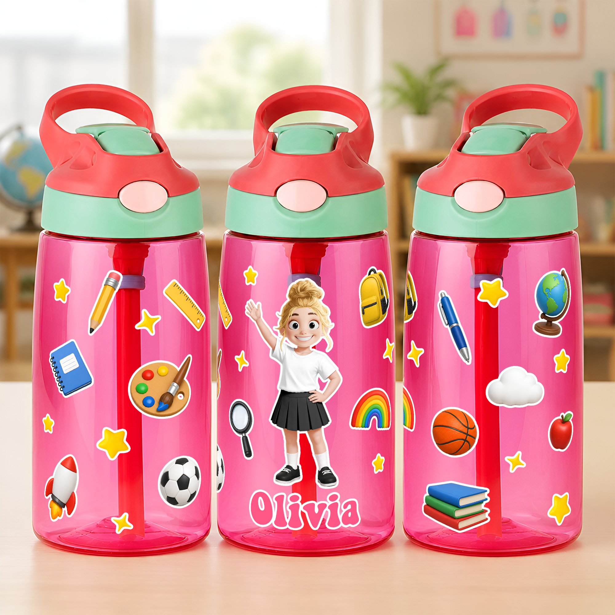 Individuell gestaltete, niedliche Wasserflasche (16 oz) mit Cartoon-Figur, Strohhalm und Namensaufdruck – ideal für Outdoor-Aktivitäten, den Schulanfang und als Geburtstagsgeschenk für Jungen und Mädc