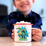Personalised Ink Splatter Cartoon Dinosaur Multicolour 12 oz Enamel Mug with Name Birthday Christmas Gift for Kids Dinosaur Lovers