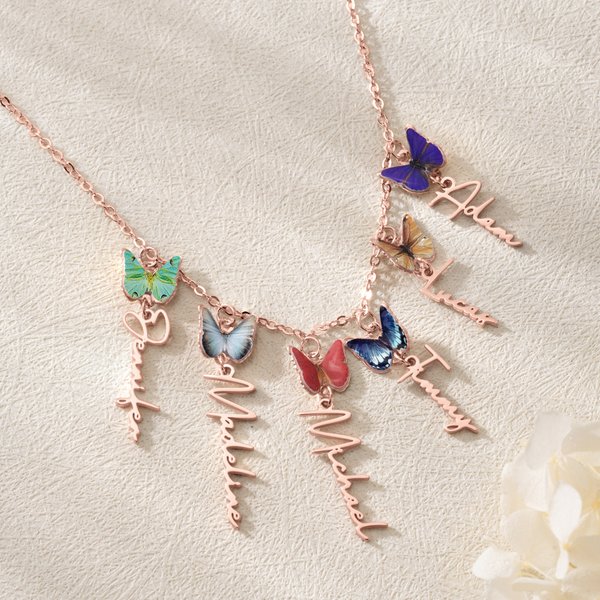 Personalized 1-8 Family Birth Butterflies Necklace with Name Dainty Jewelry Birthday Anniversary Gift for Grandma Mother Her
