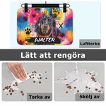 Personlig matningsmatta med namn och foto i färgstark graffitistil vattentätt underlägg med gummibaksida skyddar golvet till hund och katt