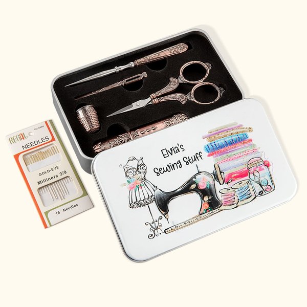 Personalised Vintage Embroidery Scissors Kit with Storage Box Set of 6 Gifts for Tailors