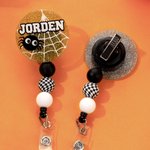 Personalised Ghost Pumpkin Spider  Glitter Acrylic Badge Reel with Name Halloween Gift for Doctor Teacher