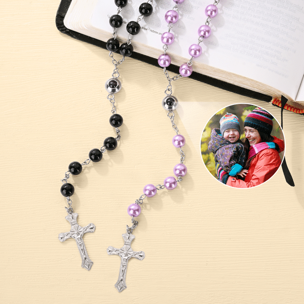 Personalized Photo Projection Rosary Beads Necklace with Cross Pendant Dainty Jewellery Baptism First Communion Gift for Christian Catholic