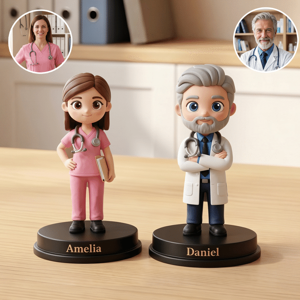 Personalized Unique 3D Photo Medical Staff Figurine with Name and Wooden Base Desk Decor Birthday Appreciation Gift for Doctor Nurse Medical Staff
