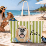 Personalised Watercolour Pet Photo Stripe Beach Tote Bag with Name Beach Holiday Swimming Pool Party Birthday Gift for Pet Owner Lover