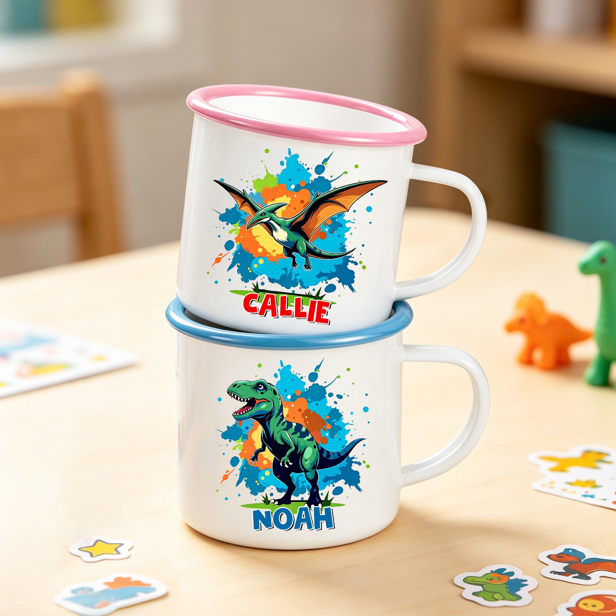Personalisierte Emaille-Tasse mit Dinosaurier-Motiv im Cartoon-Stil, mehrfarbig, 12 oz, mit Namensaufdruck – Geburtstags- und Weihnachtsgeschenk für Kinder, die Dinosaurier lieben