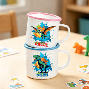 Personalised Ink Splatter Cartoon Dinosaur Multicolour 12 oz Enamel Mug with Name Birthday Christmas Gift for Kids Dinosaur Lovers