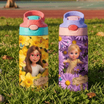 Bottiglia d'acqua personalizzata da 12 oz con foto, fiore del mese di nascita multicolore e personaggio dei cartoni animati, con cannuccia e nome: regalo per il ritorno a scuola o per il compleanno, p