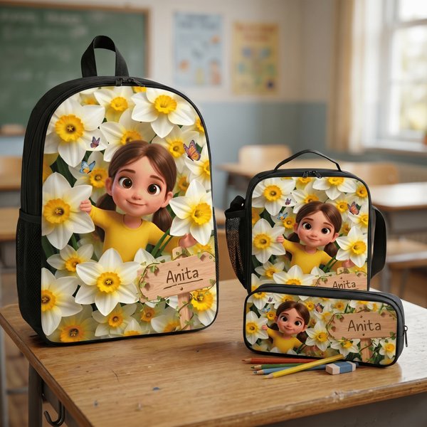 Personalized Birth Flower Photo Backpack Pencil Case Lunch Bag Set with Name Back To School Birthday Gift for Kids Boys Girls